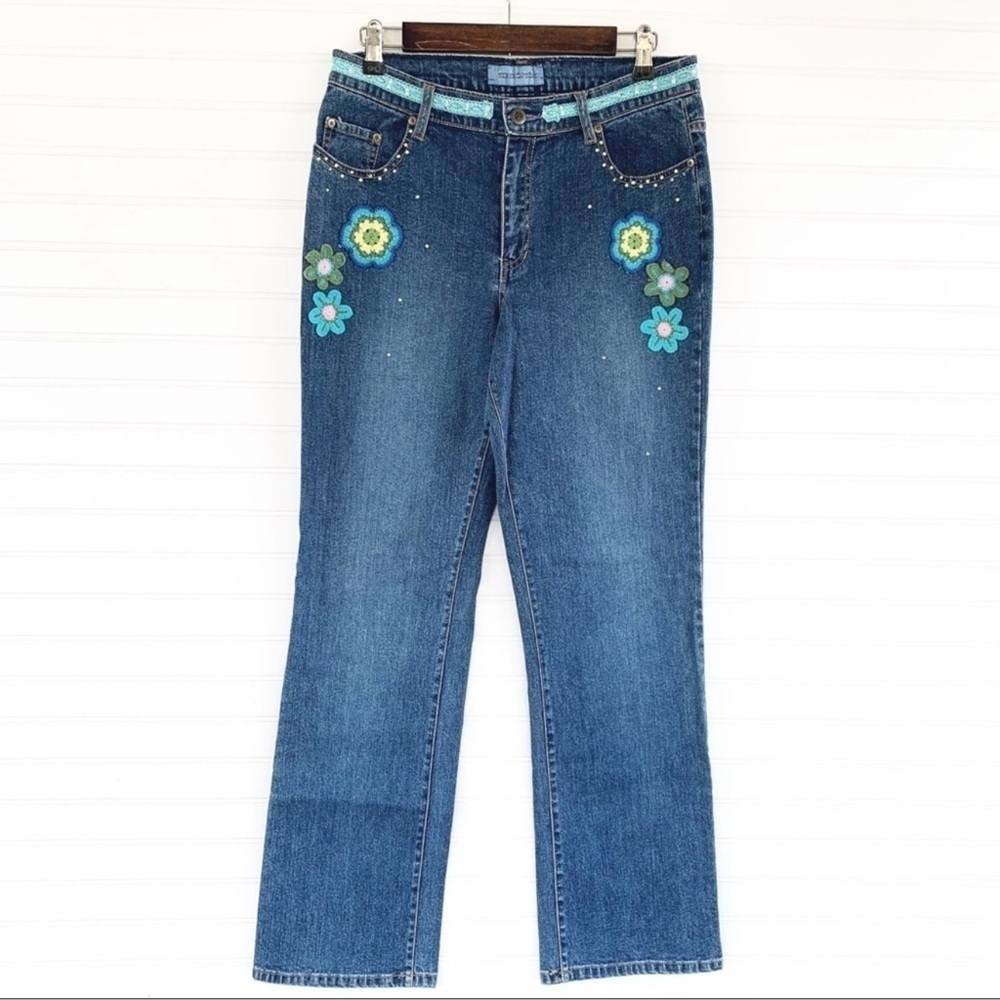 Classic Blue Straight Leg Jeans with Floral Embroidery